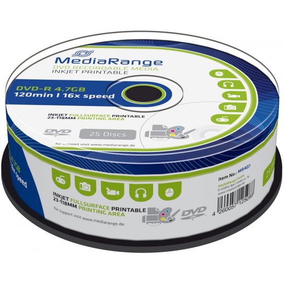 MEDIARANGE DVD-R 4.7GB 16X INKJET FULLSURFACE PRINTABLE CAKE BOX 25��� - (MR407)