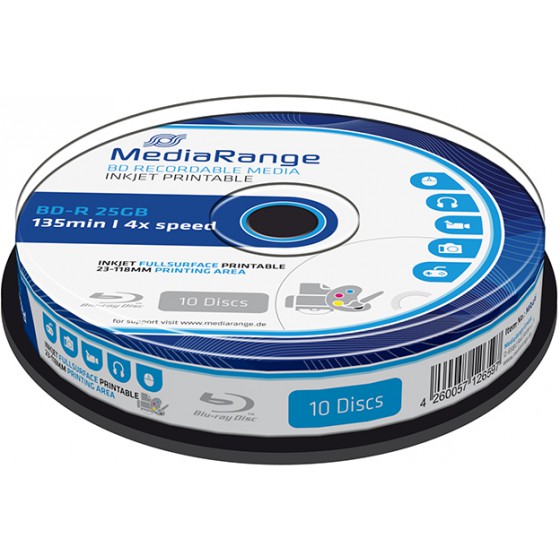 MEDIARANGE BD-R 25GB 4X INKJET FULLSURFACE PRINTABLE CAKE BOX 10��� - (MR496)