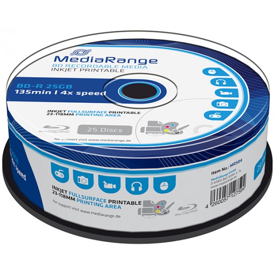 MEDIARANGE BD-R 25GB 4X INKJET FULLSURFACE PRINTABLE CAKE BOX 25��� - (MR504)