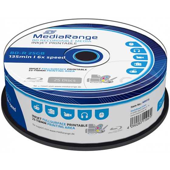 MEDIARANGE BD-R 25GB 6X INKJET FULLSURFACE PRINTABLE CAKE BOX 25��� - (MR515)