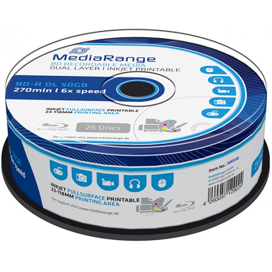 MEDIARANGE BD-R DUAL LAYER 50GB 6X INKJET FULLSURFACE PRINTABLE CAKE BOX 25��� - (MR510)