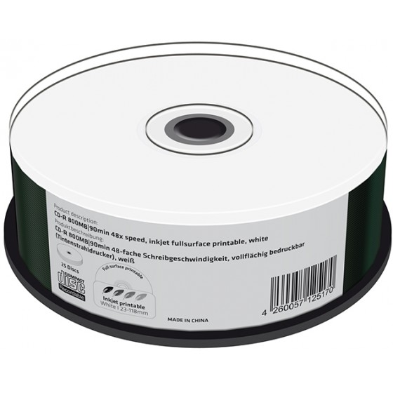 MEDIARANGE CD-R 800MB 48X INKJET FULLSURFACE PRINTABLE CAKE BOX 25��� - (MR242)