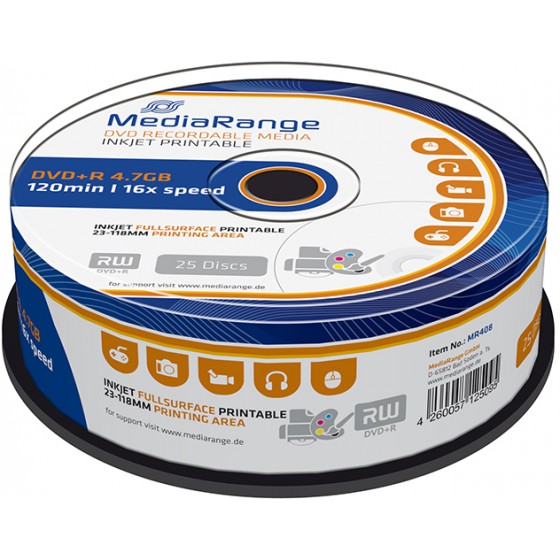 MEDIARANGE DVD+R 4.7GB 16X INKJET FULLSURFACE PRINTABLE CAKE BOX 25��� - (MR408)