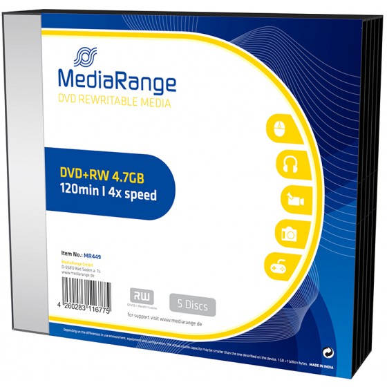 MEDIARANGE DVD+RW 4.7GB 4X REWRITABLE SLIM CASE 5TEM - (MR449)