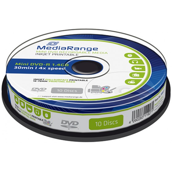 MEDIARANGE MINI DVD-R 1.4GB 4X INKJET FULLSURFACE PRINTABLE CAKE BOX 10��� - (MR430)