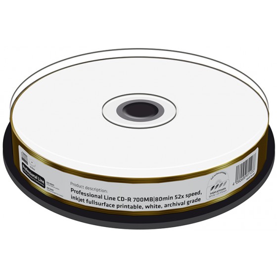 MEDIARANGE PROFESSIONAL LINE CD-R 700MB INKJET FULLSURFACE PRINTABLE WHITE ARCHIVAL GRADE CAKE 10 - (MRPL511)