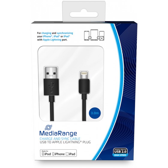 MEDIARANGE ������� CHARGE AND SYNC USB 2.0 TO APPLE LIGHTNING PLUG 3.0M BLACK - (MRCS180)