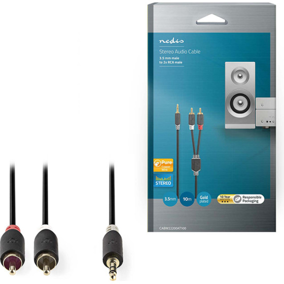 NEDIS STEREO AUDIO CABLE 3.5MM MALE - 2XRCA MALE 10M - (CABW22200AT100)
