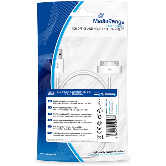MEDIARANGE ������� CHARGE AND SYNC USB 2.0 TO APPLE DOCK 30-PIN 1.0M WHITE - (MRCS181)