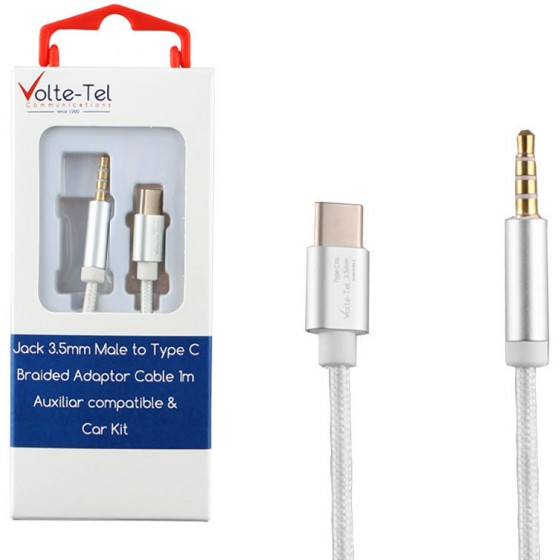 VOLTE-TEL ������� BRAIDED ����������� JACK 3.5MM MALE TO TYPE C AUX 1M WHITE - (8228735)