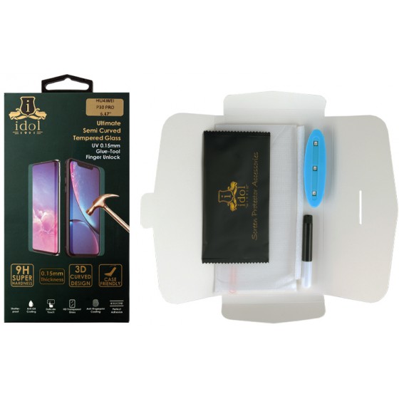 IDOL 1991 TEMPERED UV GLASS ��� HUAWEI P30 PRO 7D WITH GLUE-TOOL FINGER UNLOCK FULL COVER TRANSPARENT - (5205308236891)