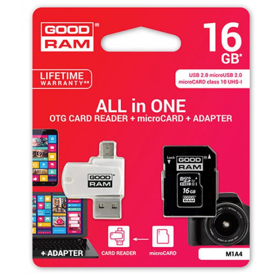 GOODRAM 4-IN-1 MICROSD 16GB+CARD READER+OTG+ADAPTER CL10 M1A4 - (M1A4-0160R12)