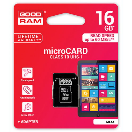 GOODRAM MICRO SD CLASS 10 16GB UHS I + ADAPTER M1AA - (M1AA-0160R12)