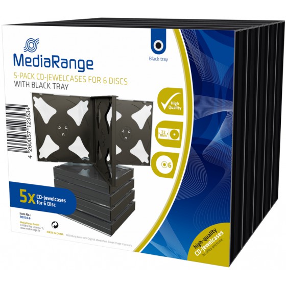 MEDIARANGE CD JEWELCASE FOR 6 DISCS 22MM BLACK PACK 5 - (BOX34-6)