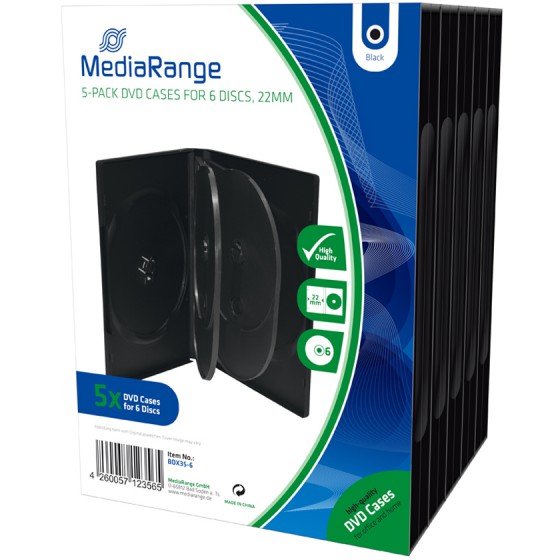 MEDIARANGE DVD CASE FOR 6 DISCS 22MM BLACK PACK 5 - (BOX35-6)