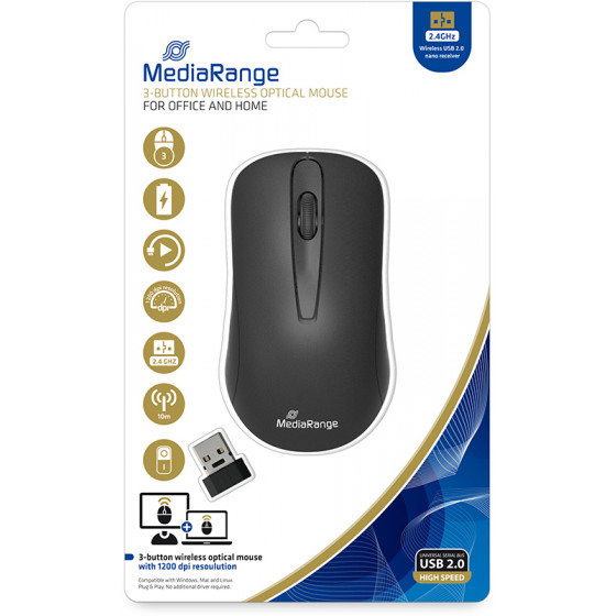 MEDIARANGE OPTICAL MOUSE 3-BUTTON BLACK WIRELESS - (MROS209)