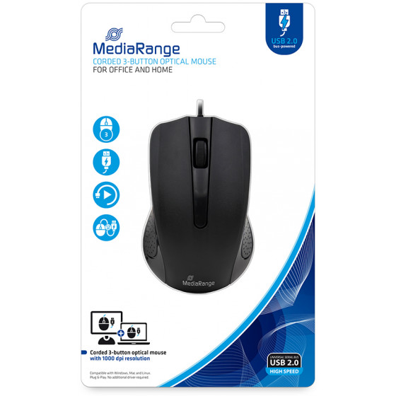 MEDIARANGE OPTICAL MOUSE CORDED 3-BUTTON BLACK WIRED - (MROS210)