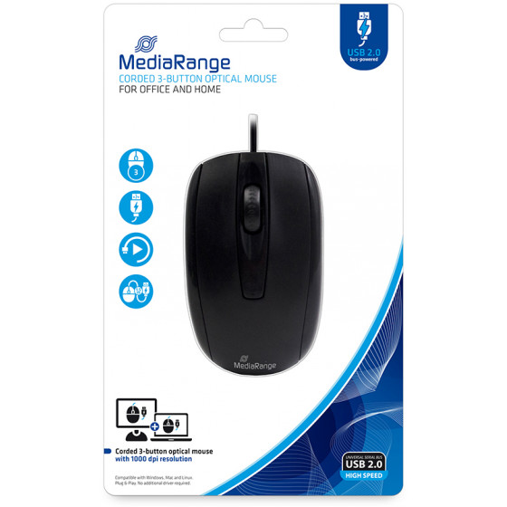 MEDIARANGE OPTICAL MOUSE CORDED 3-BUTTON BLACK WIRED - (MROS211)