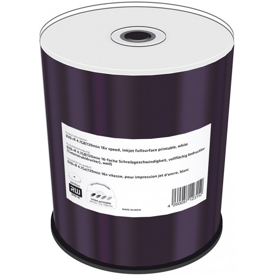MEDIARANGE DVD+R 4.7GB 120MIN 16X SPEED INKJET FULLSURFACE PRINTABLE CAKE 100 - (MR414)