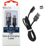 VOLTE-TEL TYPE C USB �������� DATA MAGNETIC BRAIDED VCD08 2.4A 1m BLACK - (5205308228445)