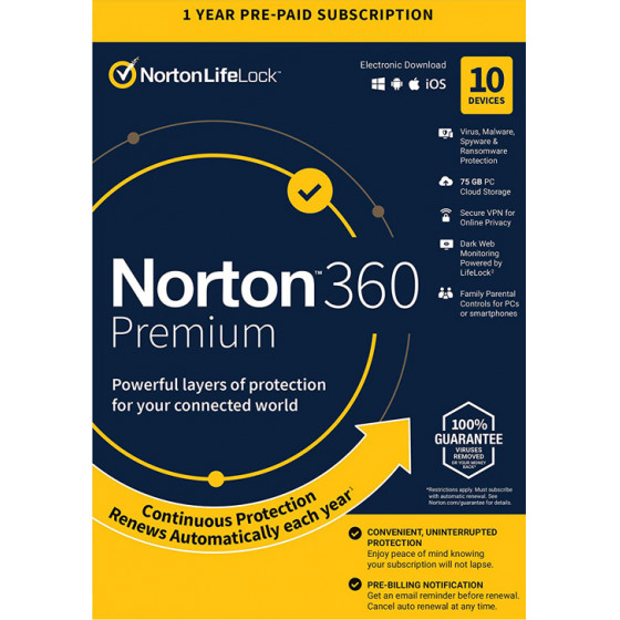 NORTON Antivirus 360 Premium ESD 10 �������� 75GB cloud 1 ���� - (N360-ESD-3)