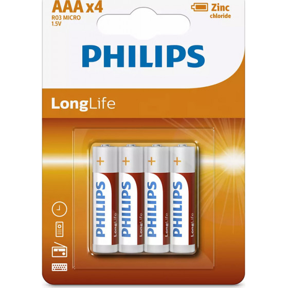 PHILIPS LongLife Zinq chloride ��������� R03L4B/10 AAA R03 Micro 4��� - (R03L4B-10)