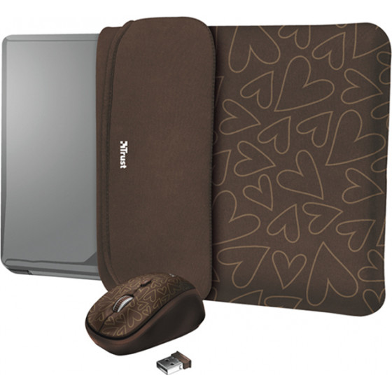 Trust Yvo Reversible Sleeve for 15.6 Laptops with wireless mouse brown hearts - (23446)