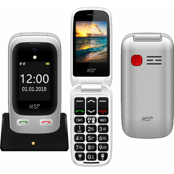 NSP ������ �� ������� 2500DS FLIP 2.4 1.8 DUAL SIM 2G 32MB/32MB RADIO-MP3/MP4 SOS BUTTON SILVER HANDS FREE