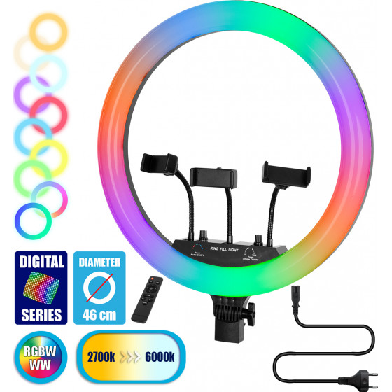 GloboStar Professional Digital Ring Light �46cm LED SMD 70W 7000lm 180� AC 230V �� ������� ����������� ������ - �������� ����������� RF 2.4Ghz ��������� �������� & 3 ������ ��������� - ��������� RGBW+WW Dimmable - (75805)