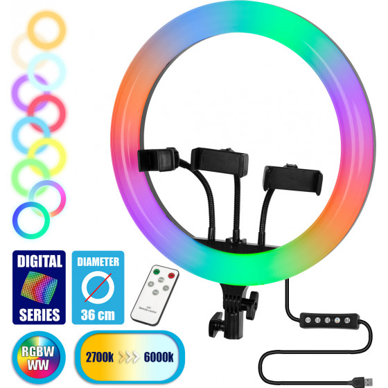 GloboStar Professional Digital Ring Light �36cm LED SMD 50W 5000lm 180� DC 5V �� ������� ����������� USB - ������������ ��� �������� ����������� RF 2.4Ghz ��������� �������� & 3 ������ ��������� - ��������� RGBW+WW Dimmable - (75803)