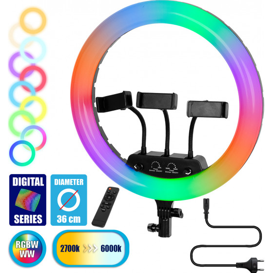 GloboStar Professional Digital Ring Light �36cm LED SMD 50W 5000lm 180� AC 230V �� ������� ����������� ������ - �������� ����������� RF 2.4Ghz ��������� �������� & 3 ������ ��������� - ��������� RGBW+WW Dimmable - (75804)
