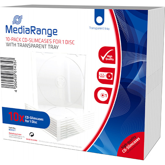 MediaRange CD Slimcase for 1 Disc 5.2mm Transparent Tray 10 Pack - (BOX32-T)