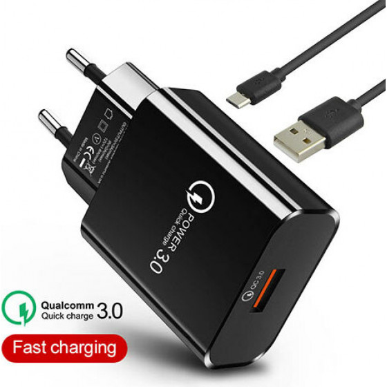 LAMTECH QUICK CHARGER USB3.0 18W WITH MICRO USB CABLE 1M BLACK - (LAM021967)