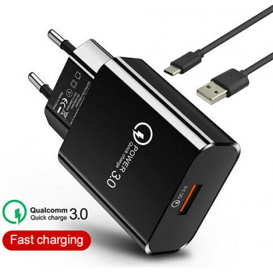 LAMTECH QUICK CHARGER USB3.0 18W WITH TYPE-C CABLE 1M BLACK - (LAM021981)
