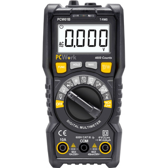 PCWork PCW01B Digital Multimeter, 4000counts, TRMS, Auto Range, NCV function, fl