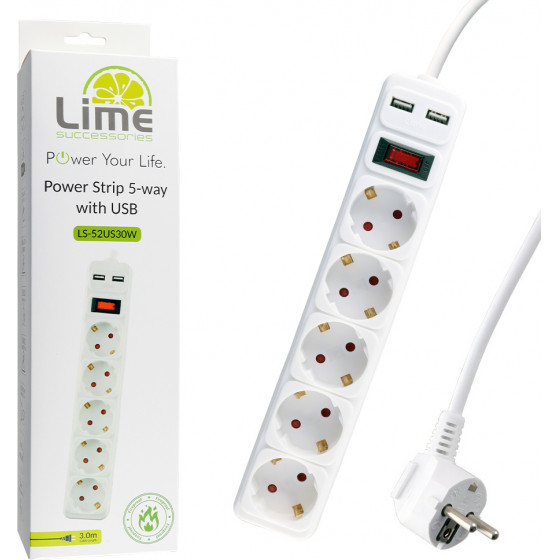 LIME ��������� 5 ����� + 2 USB 3.5A �� �������� - ������� ��������� ��������� & ������������ (3x1.5mm) 3.0m ����� - (LS-52US30W)
