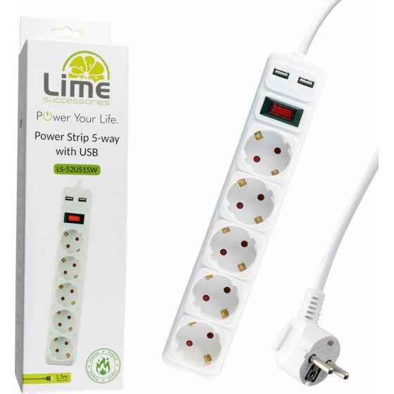LIME ��������� 5 ����� + 2 USB 3.5A �� �������� - ������� ��������� ��������� & ������������ (3x1.5mm) 1.5m ����� - (LS-52US15W)