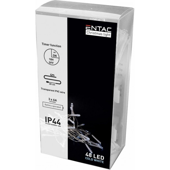 Entac Christmas IP44 48 LED Light with Timer 6400K 4m (3AA) - (ECL-48CW-T)