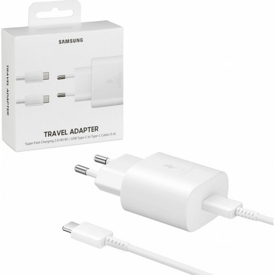Samsung Travel TYPE C 5V 3A/9V 2.77A/11V 2.25A 25W Fast Charge+USB Data TYPE C To TYPE C White - (EP-TA800XWEGWW)