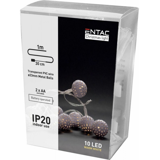 Entac Christmas Indoor Metal Ball Light 10LED WW 1m (2AA excl.) - (ECL-MB-10WW)