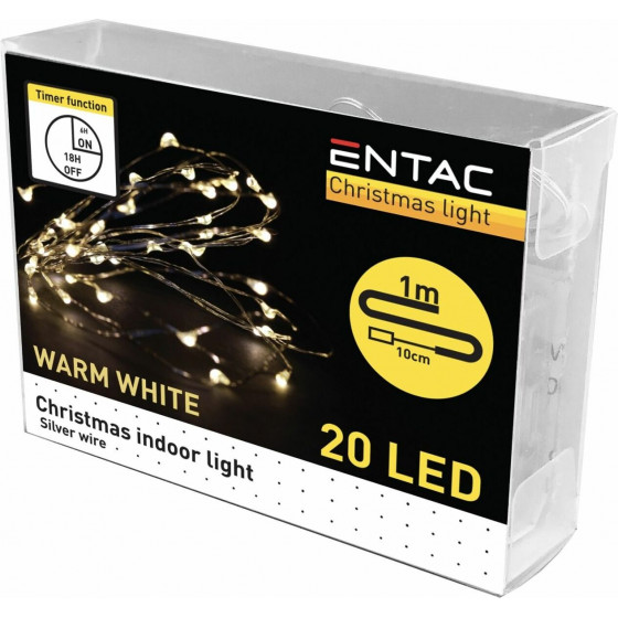 Entac Christmas Indoor Silver Wire 20 LED Light with Timer WW 1m (2x2032 incl.) - (ECL-S20WW-T)