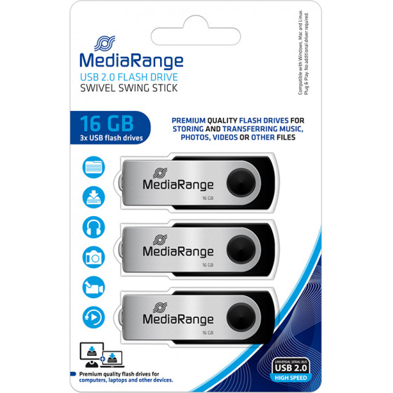 MediaRange USB flash drives, 16GB, Pack 3 - (MR910-3)