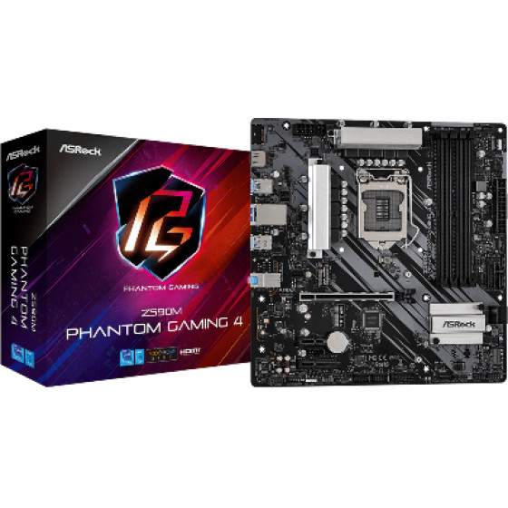 Asrock Socket INTEL LGA1200 11th/10th GEN, CS INTEL Z590, 4 DIMM SOCKETS DDR4, HDMI, LAN GIGABIT, Micro-ATX, 2YW. - (Z590M PHANTOM GAMING 4)