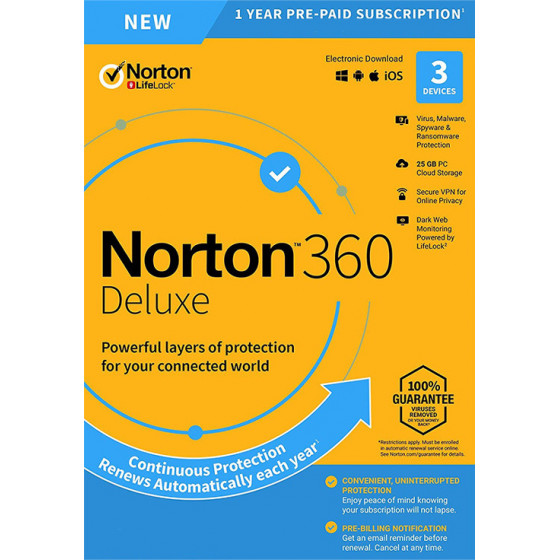 Norton Antivirus 360 Deluxe ESD, 3 ��������, 25GB cloud, 1 ���� - (N360-ESD-4)