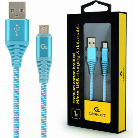 Cablexpert premium cotton braided micro-usb charging and data cable 1M turqouise/White retail pack - (CC-USB2B-AMmBM-1M-VW)