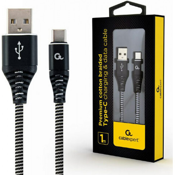 Cablexpert premium cotton braided type-c usb charging and data cable 1M Black/White retail pack - (CC-USB2B-AMCM-1M-BW)