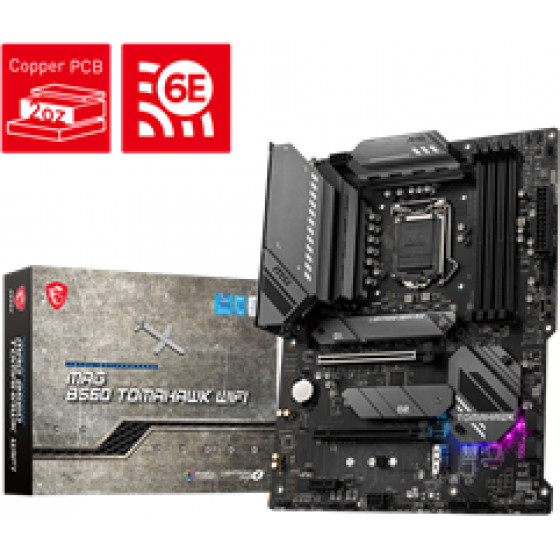 MSI Socket INTEL LGA1200 11th/10th GEN, CS INTEL B560, 4 DIMM SOCKETS DDR4, HDMI/DP, LAN 2.5G, WIFI, ATX, 3YW. - (B560 TOMAHAWK WIFI)