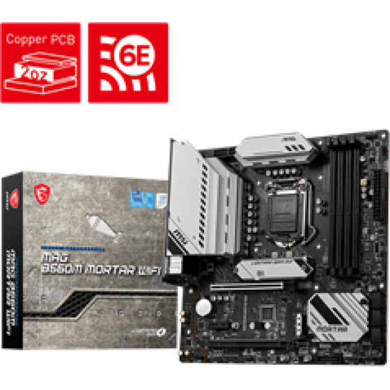 MSI Socket INTEL LGA1200 11th/10th GEN, CS INTEL B560, 4 DIMM SOCKETS DDR4, HDMI/DP, LAN 2.5G, WIFI, MICRO-ATX, 3YW. - (B560M MORTAR WIFI)