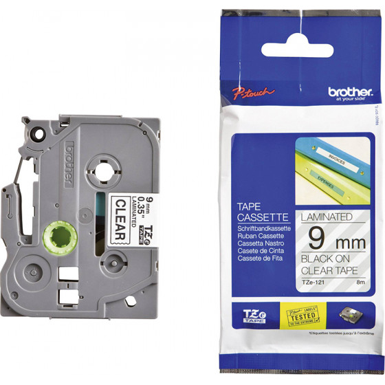 Brother TZe-121 Labelling Tape Cassette - Black on Clear, 9mm wide - (TZE121)
