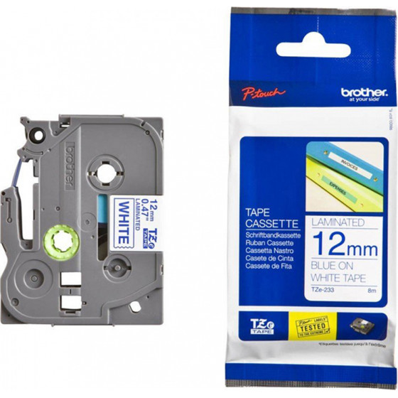 Brother TZe-233 Labelling Tape Cassette - Blue on White, 12mm wide - (TZE233)